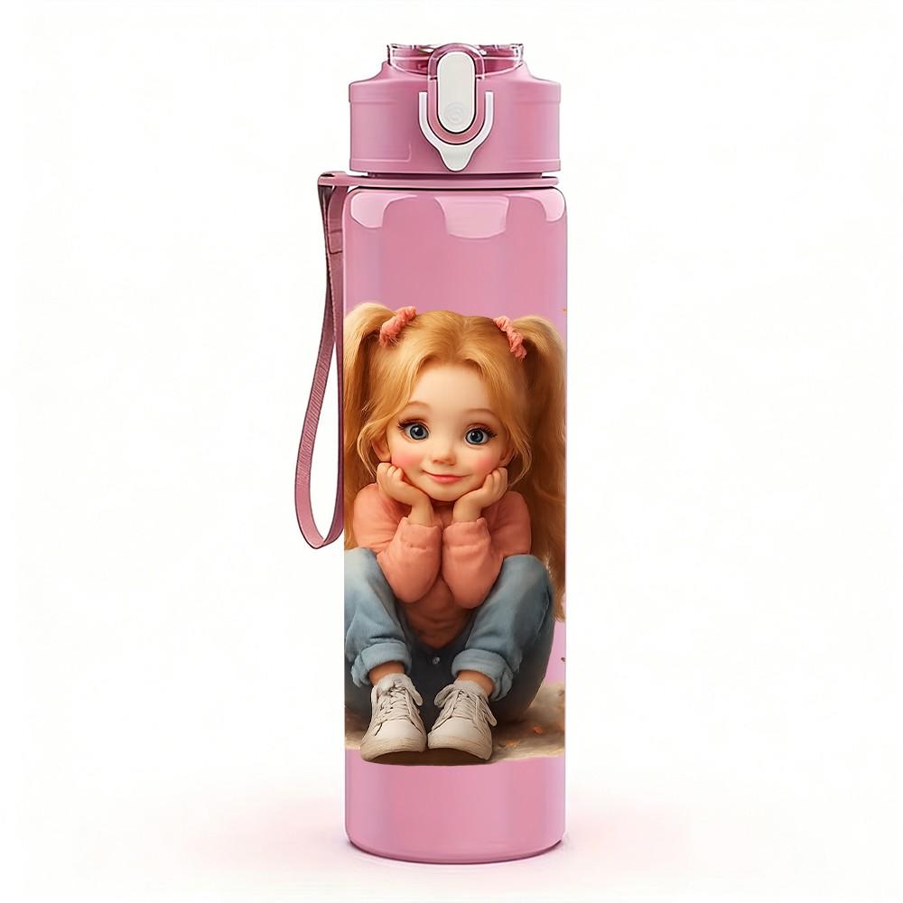 1PC Little Girl Butterfly Surround Portrait 750ml Color Plastic Sports Water Bottle Leakproof Flip Straw Lid Suitable for Sports Office Home Use