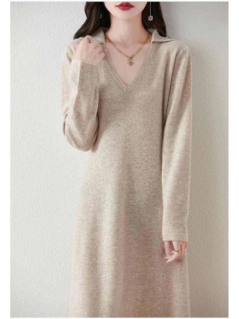 Women's 100% Pure Wool Mid-Length Knit Sweater Dress - Slimming Autumn/Winter Base Layer Long Skirt