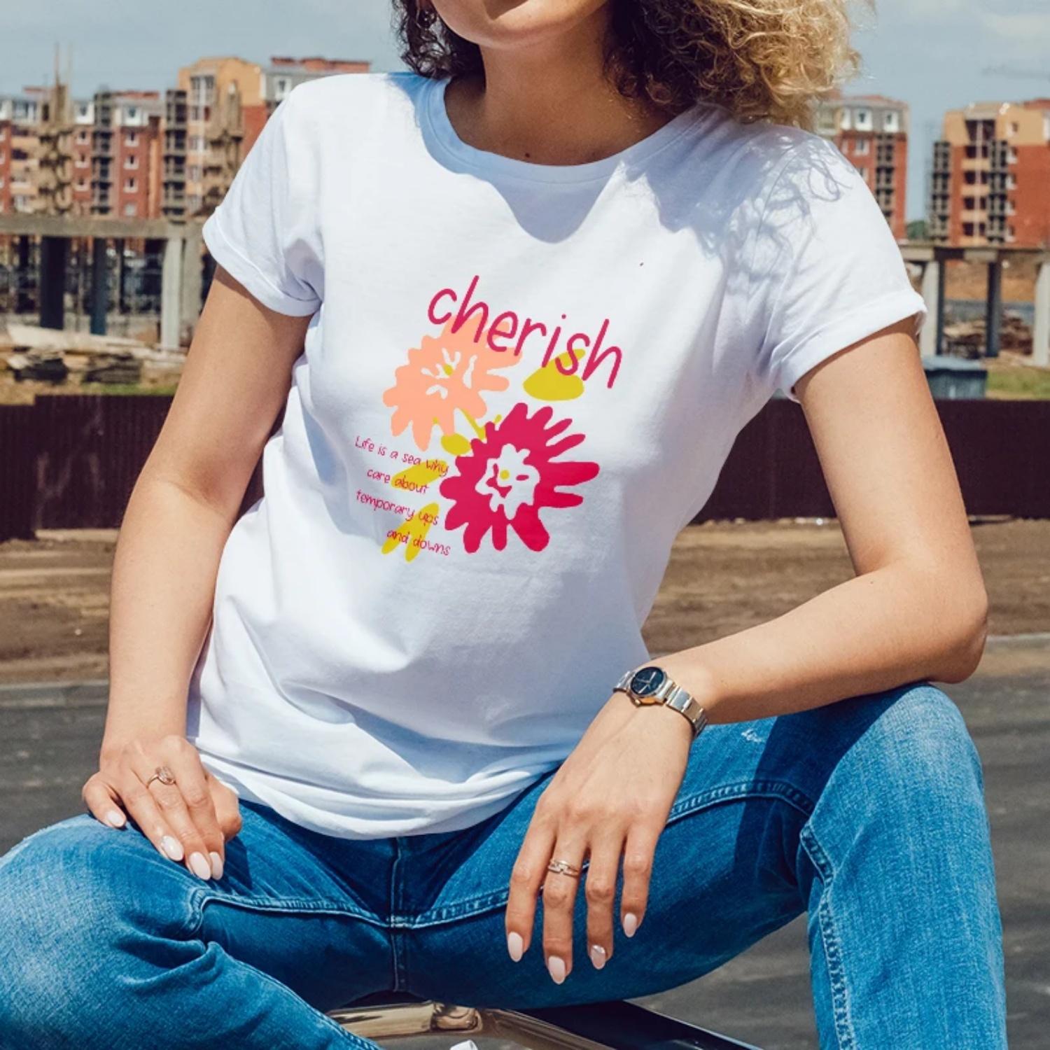 

Summer Womens Short Sleeve CottonTShirt Cherish Flower PrintforOutdoor Summer MomentsYoung Women with a PositiveStylish Style XXXXXL білий