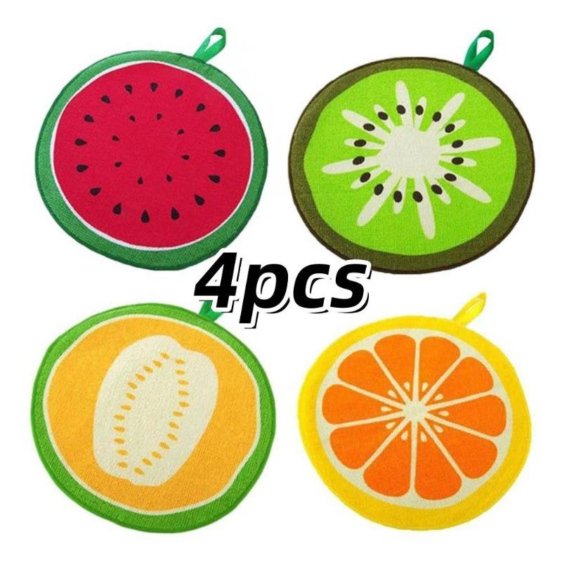 1/4Pc Hangable Fruit Pattern Dish Cloth Kitchen Wipe Hand Towel Microfiber Quick-Dry Water Absorbent Cleaning Rag Household Tool