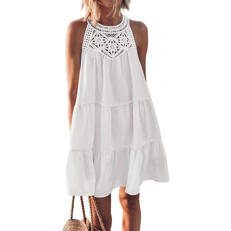 Summer Hollow Back Dress Casual Sleeveless A Line Layered Swing Vest Skirt Beach Vacation Mini