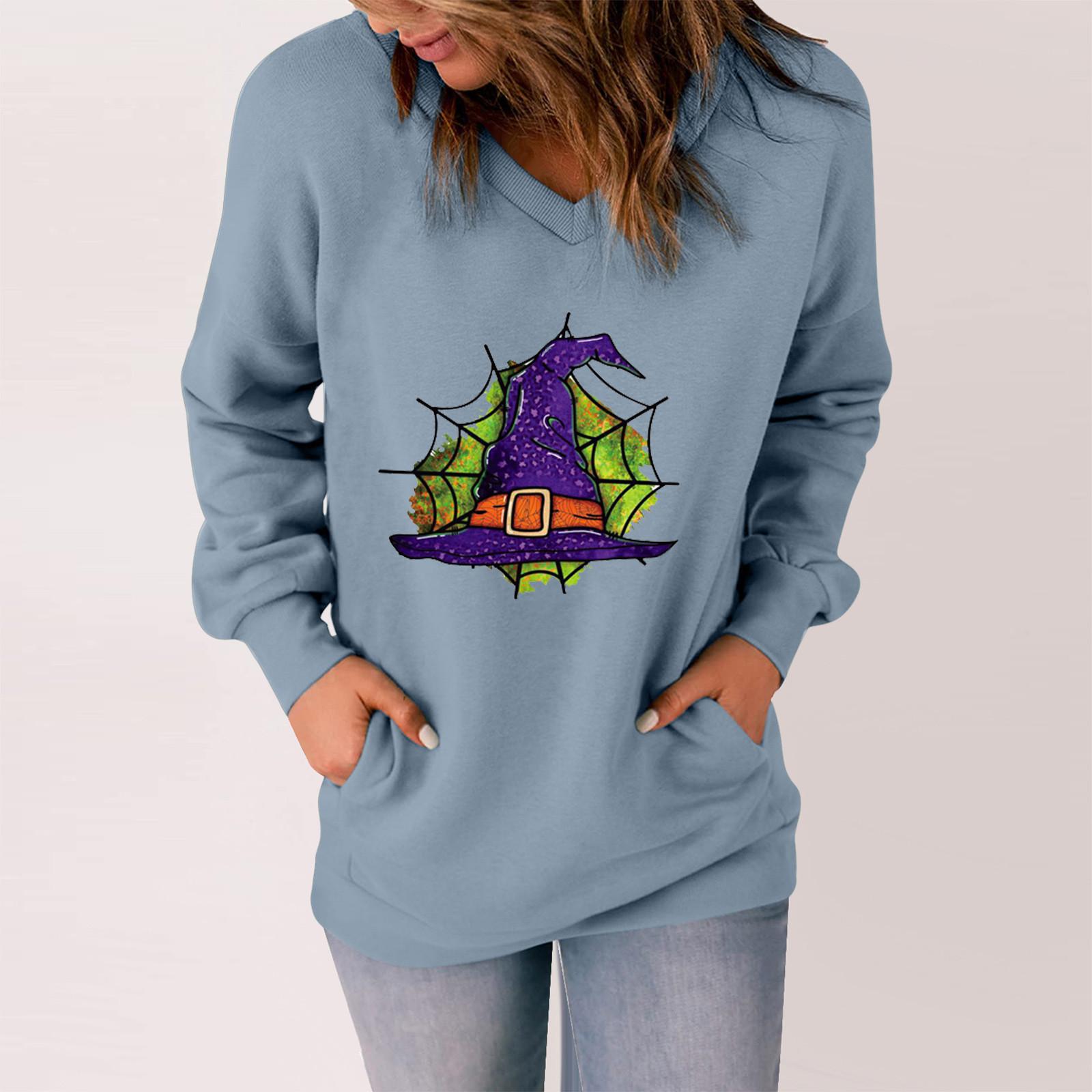 

Женская мода Хэллоуин принт V-образным вырезом с боковым карманом пуловер верхняя толстовка XXXL