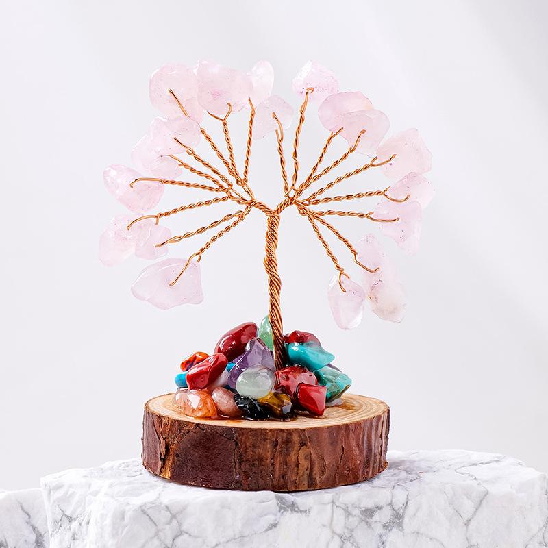 Natural Crystal Chips Tree Handmade With Copper Wire Wood Stump Base Money Tree Of Life Ornament Home Office Decor