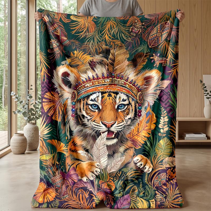 Tiger Spirit Energy Theme Blanket Lightweight Warm Flannel Blanket Decorative Throw Blanket for Home Decoration