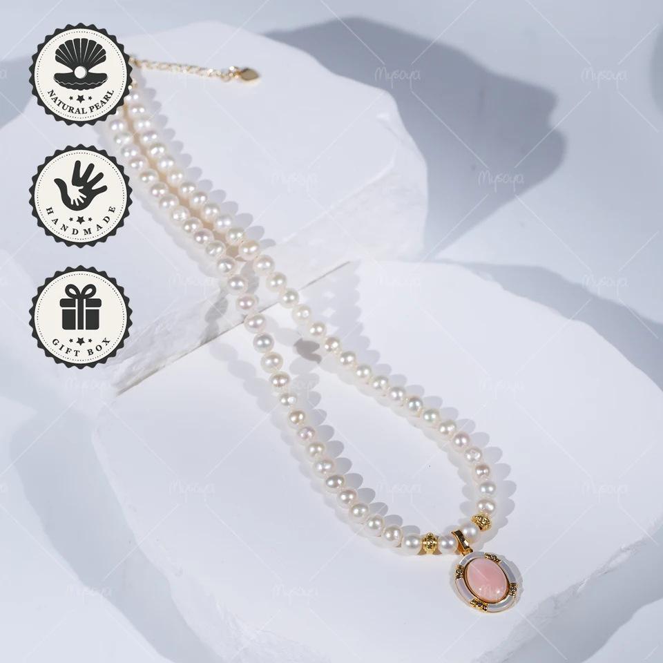 MYSOYA White Freshwater Pearl Necklace, 6-7mm, Oval C551 35 cm - 14 in