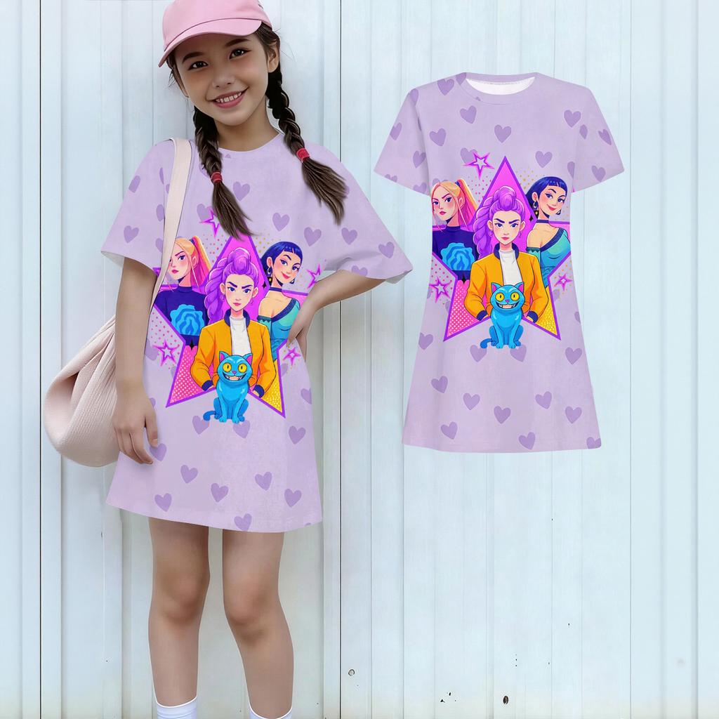 Girls Print Casual Dress Kids Loose Round Neck Short Sleeve Thin Sundress