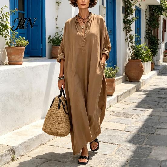 Women Summer Party Dress Maxi for Women, V-Neck Casual Oversized Boho Long Comfortable Daily Wear Dress, Sleeve Button Up Vacation Sundress