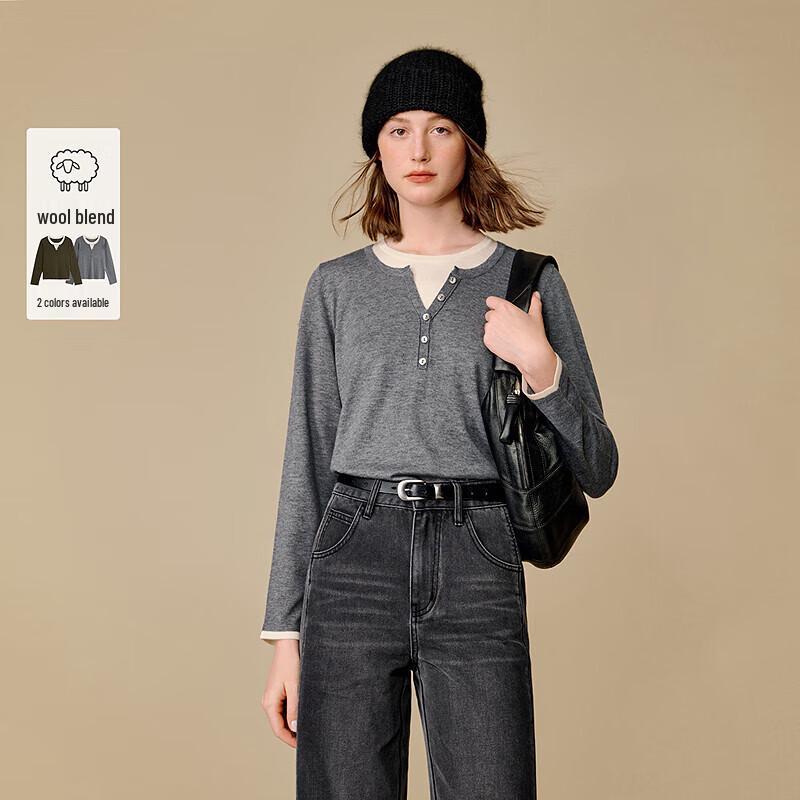 INMAN Women's Faux Two-Piece Henley Wool Blend Knit Pullover Sweater