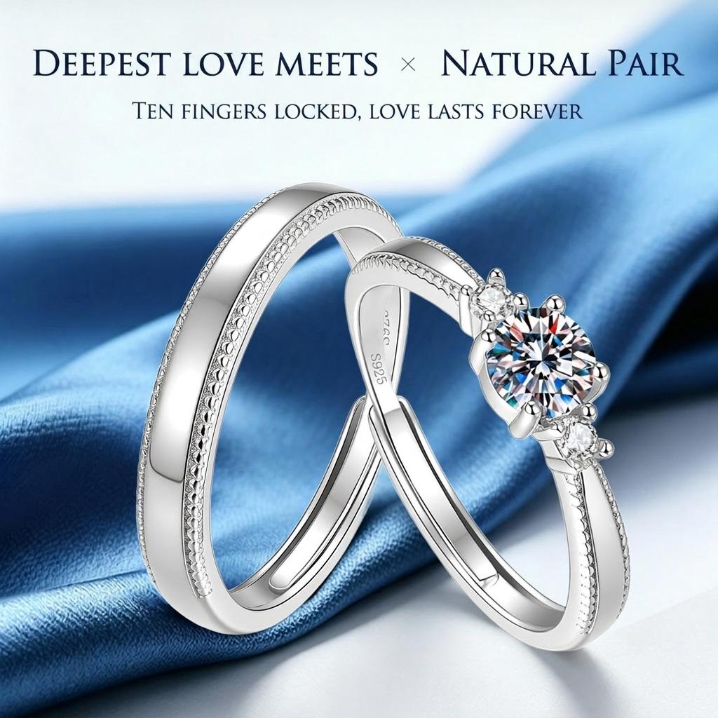 Set di anelli da coppia in argento sterling S925 con moissanite Colore D Ultra Bianco Tre pietre moissanite Anelli di fidanzamento regolabili di promessa
