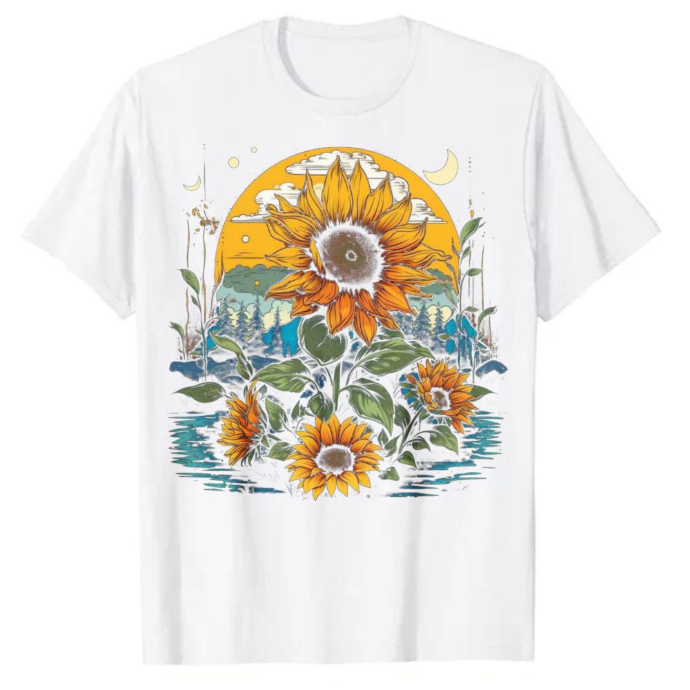 Sunflower Moon Lake Forest Graphic T Shirt Cottagecore Nature Aesthetic Floral Print Short Sleeve