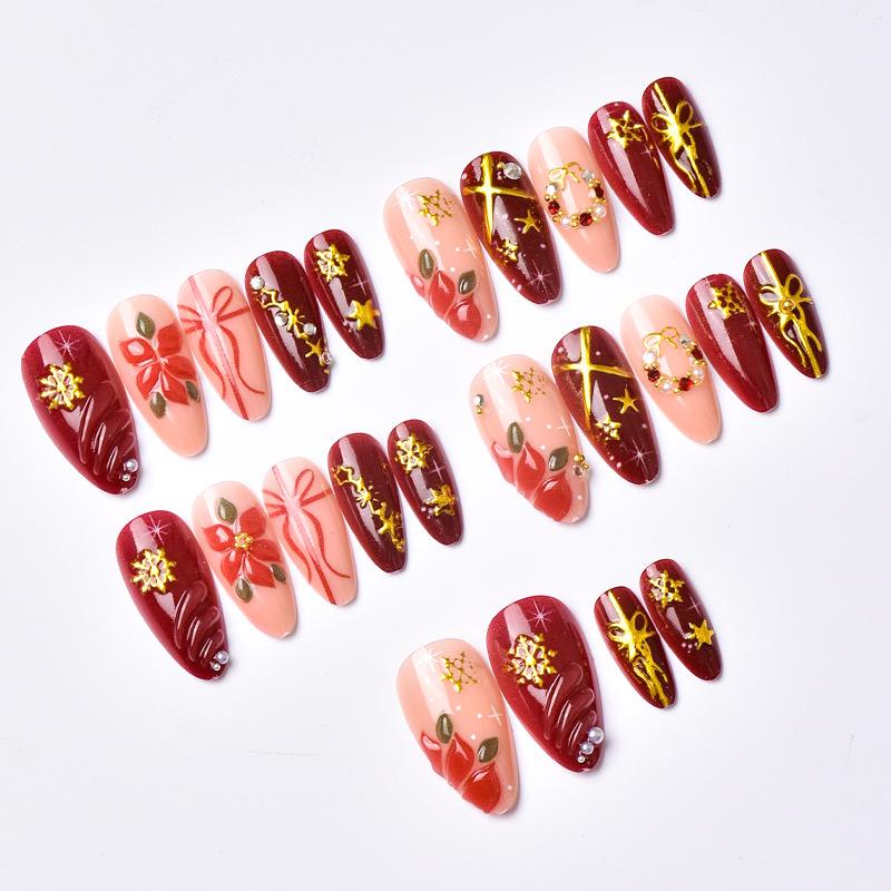Handmade Christmas Rhinestone Nails with 3D Flowers, Gold Snowflakes & Bowknot Decor - Almond Shape False Nail Art