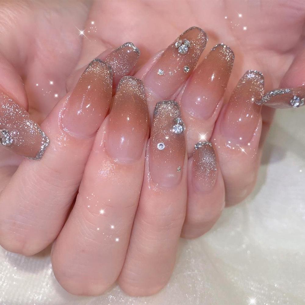 French Glitter Gradient Manicure Whitening Reusable Nail Stickers - Simple Detachable Design JP2896【glue type】