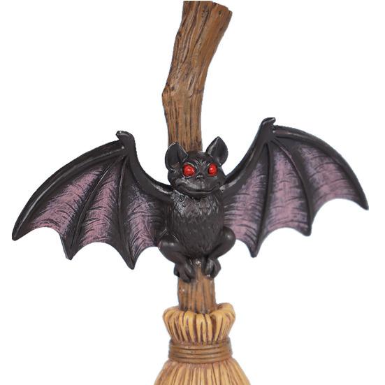 Halloween Broom Bat Figurine Resin Bat with Red Eyes Tabletop Decoration for Indoor Outdoor Home Patio Decor