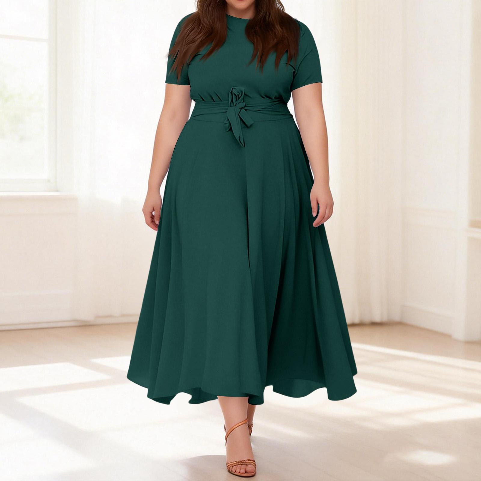 

Women s Casual Fashion Large Size Color Round Neck Short Sleeve Pocket Straps Swing Dress XL