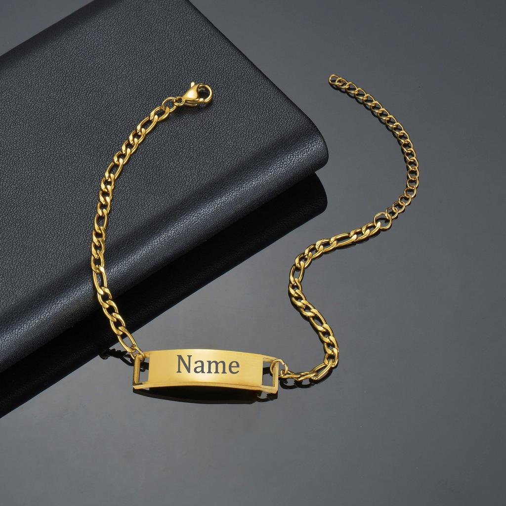 Atoztide Personalized Custom Name Bar Bracelet Stainless Steel For Men Women Engrave Letter Butterfly Figaro Chain Jewelry Gift