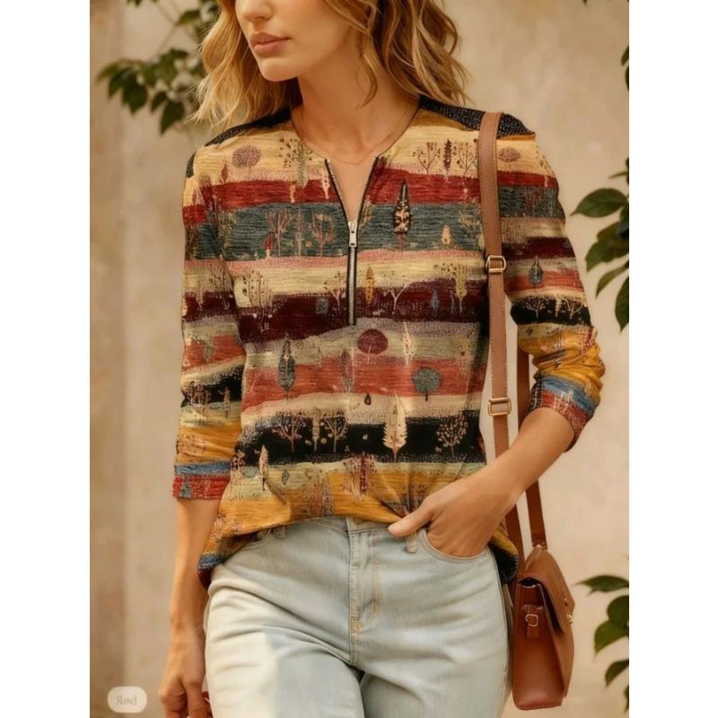 Elegantes Damenoberteil mit Reißverschluss und Print, langärmelig, stilvoll und vielseitig für Herbst und Winter, Freizeit- und Bürokleidung, maschinenwaschbar