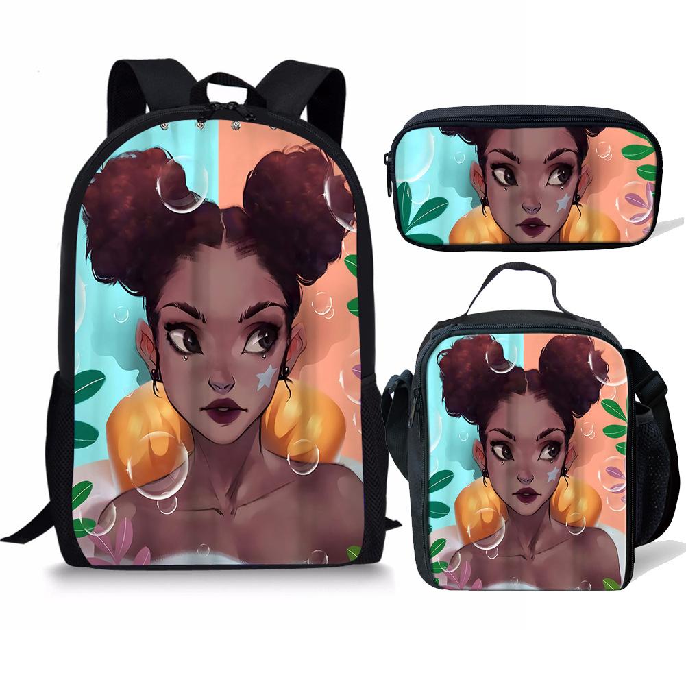 Classic Popular Funny Lovely African Girls 3D Print 3pcs/Set Pupil School Bags Laptop Daypack Backpack Lunch Bag Pencil Case