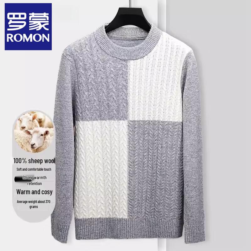 ROMON Men's Pure Wool Round Neck Jacquard Sweater