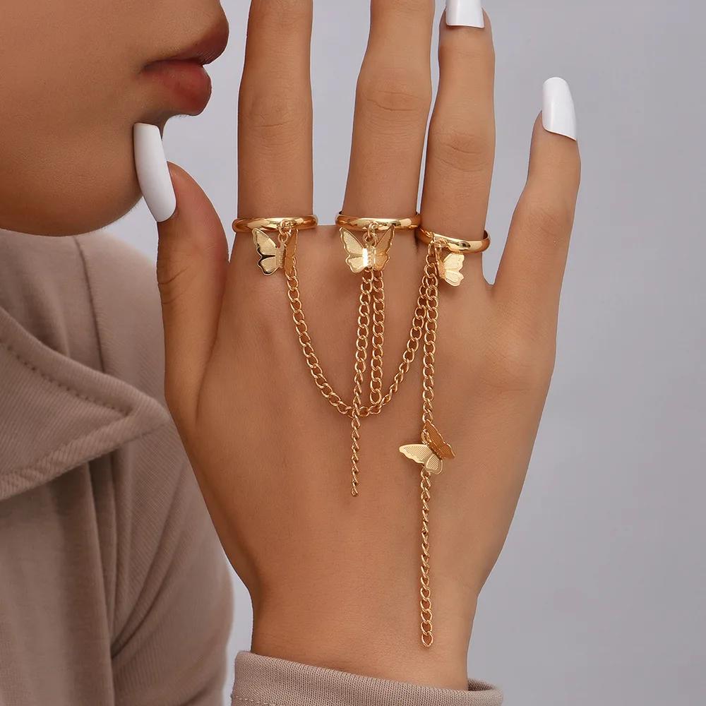 Simple Heart Slave Chain Bracelet Gold Plated Link Connected Wide Finger Ring Bracelets Jewelry Gifts For Women Girls
