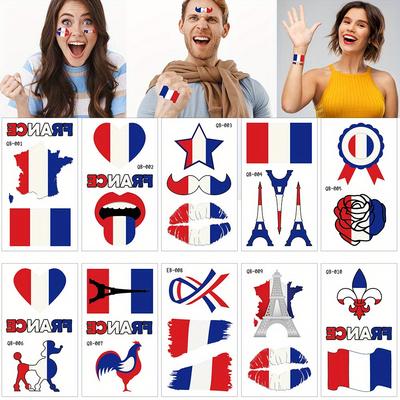 10 Stück, 6*10.5 Cm/2.36*4.13 Zoll, Paris Tag, Frankreich, Flaggen-Tattoo-Aufkleber, Rennkarneval, Olympische Wasserdichte Gesichtsaufkleber, Spiele-Ornamente