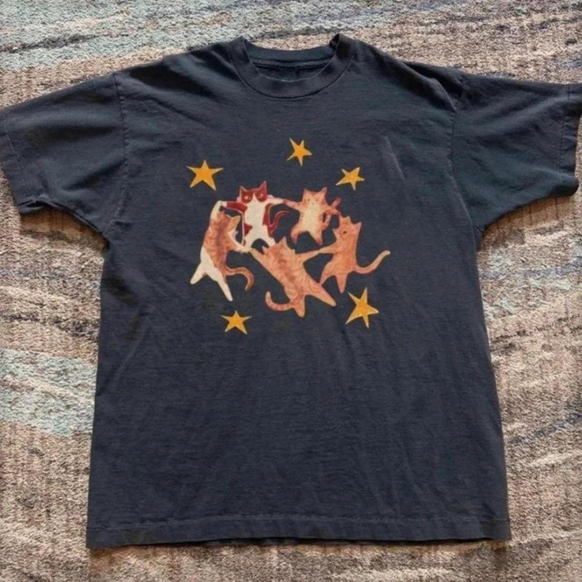 

Y2K Dancing Cat and Star Print Short-sleeved Harajuku Hip-hop T-shirt Vintage Street Tee Casual Loose Fashion T Shirts Unisex 5XL
