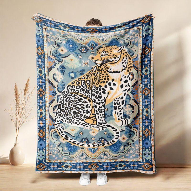 Medieval Wild Animal Flannel Throw Blanket Lion Tiger Leopard Floral Art Print Soft Warm Vintage Sofa Bedroom Home Decor
