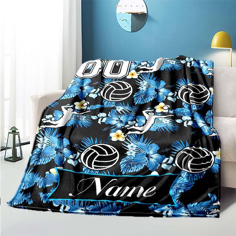 Blue Flower Volleyball Customize Your Name Blanket Used For Chair Office Sofa Bed Camping Soft And Warm Giving Friends And Relatives Birthday