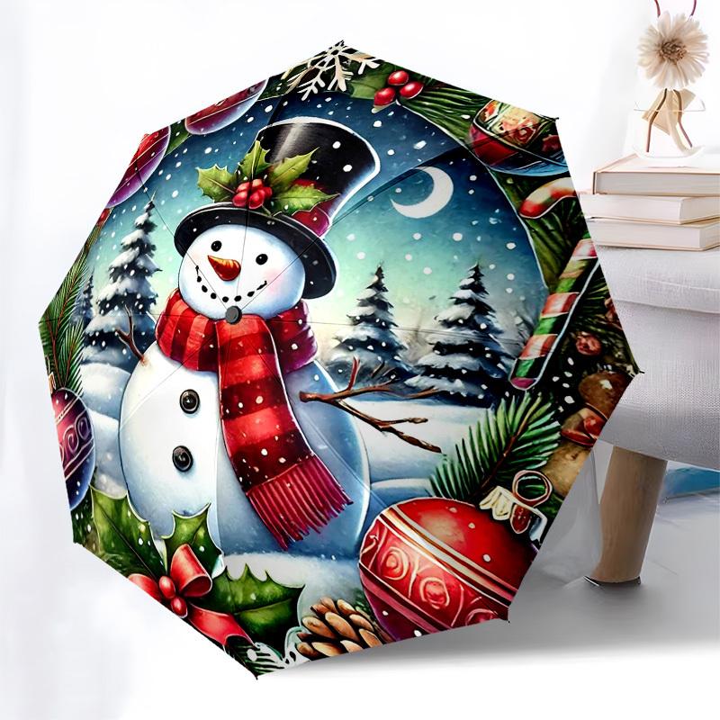 

1pc Snowman Christmas Wreath with Automatic Opening Umbrella, Portable 3-Fold Design, 8-Bone Iron Frame Outdoor Umbrella, Festive Gift for Fans, Trave