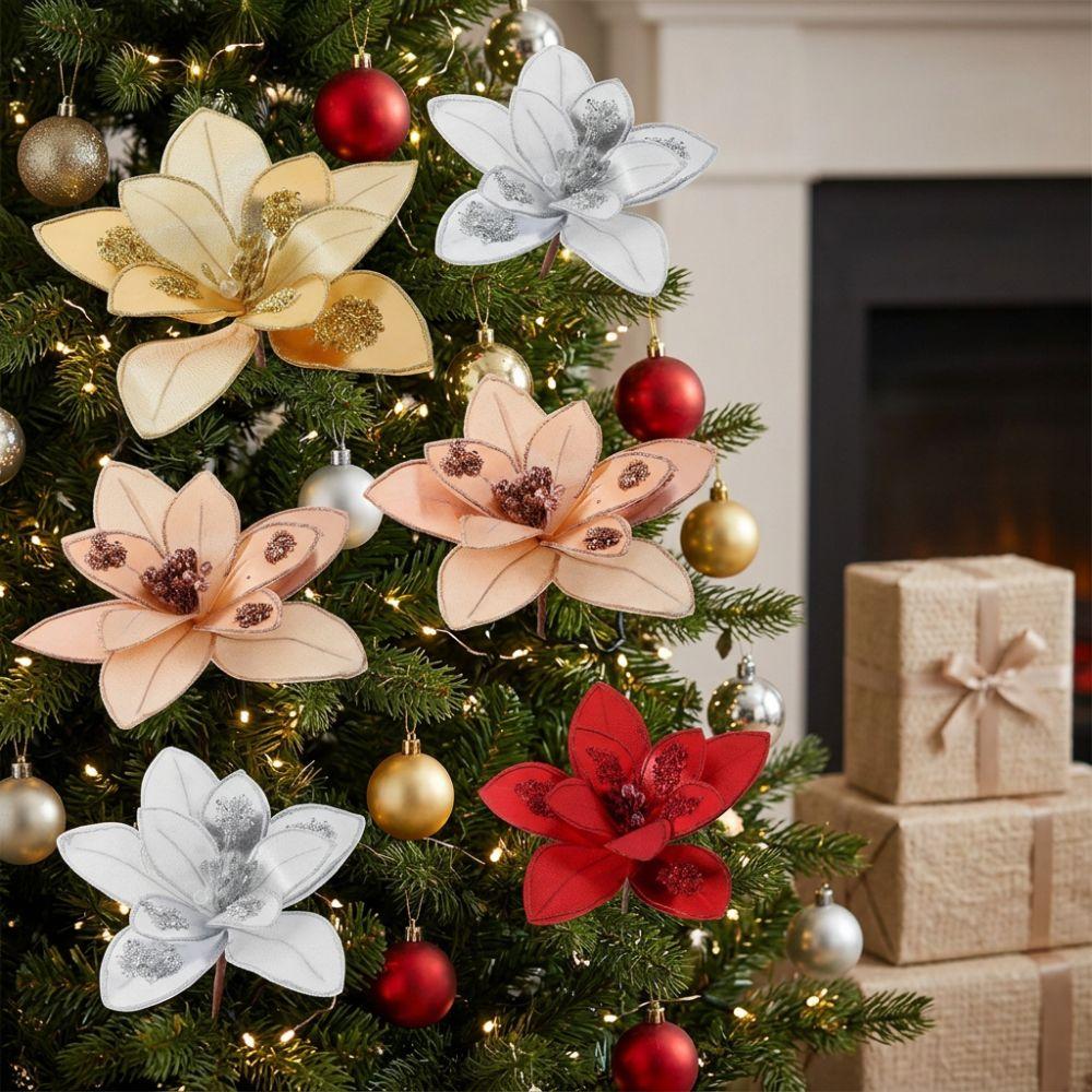 Sequins Artificial Poinsettia Flower Pick Three-Layer Christmas Tree Floral Spray Christmas Tree