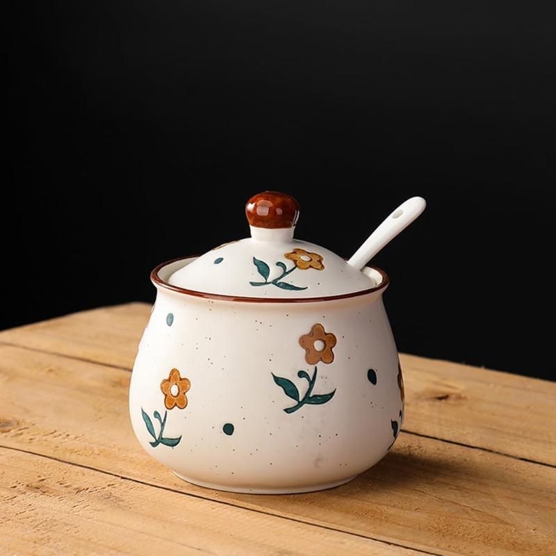 Sugar Bowl with Lid and Spoon, Floral Ceramic Condiment Jars Pots Spice Container Seasoning Canisters Box for Kitchen Coffee Bar, Yellow Flower