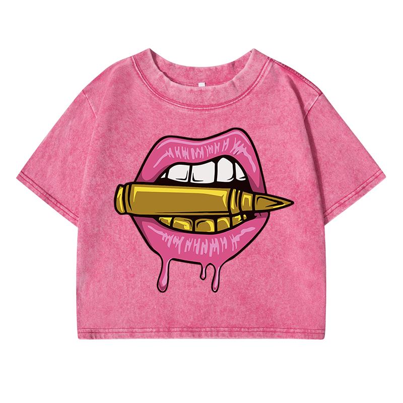 

Sexy Lipsprinting Women Washed Short Tshirts Summer T-Shirt Breathable O-Neck Tee Shirts Soft Midriff-Baring Clothes L