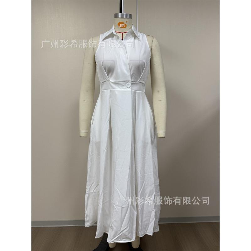 women s Collared V Neck Sleeveless Button Waist Big Swing Midi Dress Elegant Casual Party Long Dress S белый