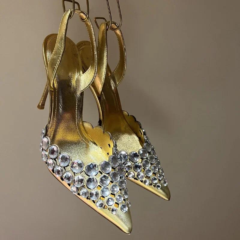 Rhinestone Decoration Multi-colored Hollow Stiletto Glitter Crystal Sandals Pointed Sandals Wedding Luxury High Heel Women Shoes