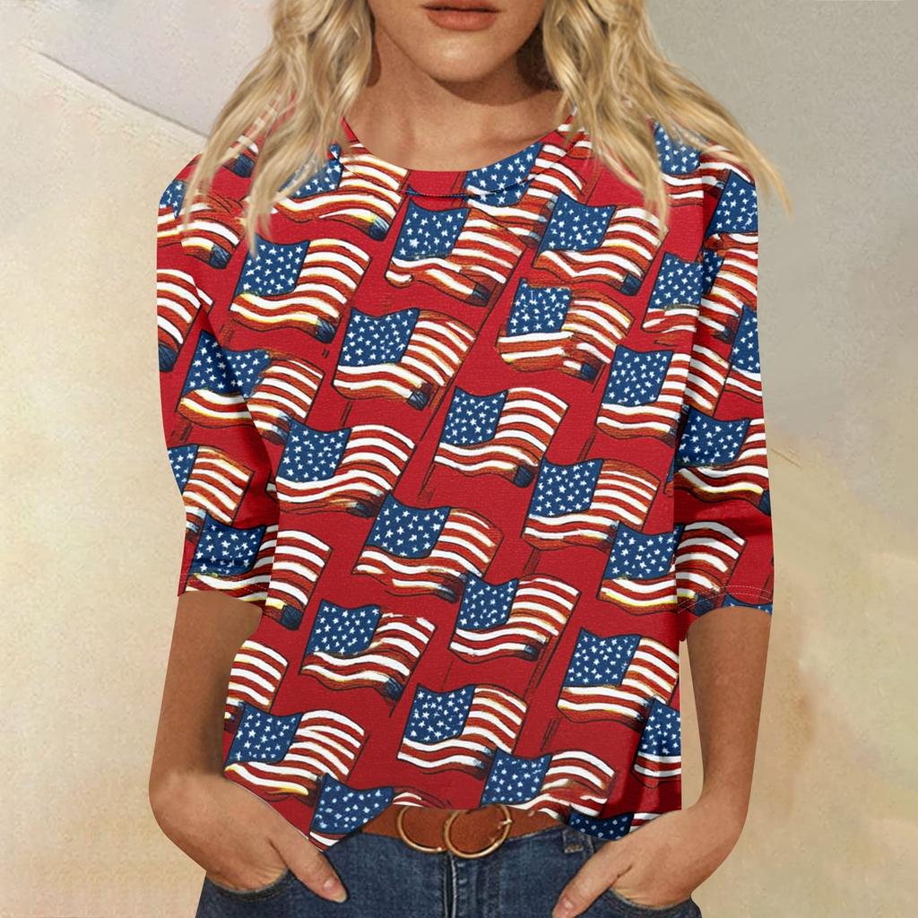 Women's Fashion Casual Seven-Sleeve Independence Day Print Round Neck Top