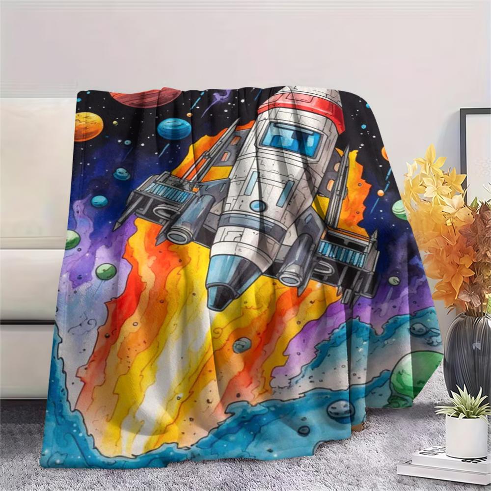 1Pc Space Rocket Print Flannel Blanket, High quality Comfortable for All Seasons, Home Decor, Warmth and Comfort, Perfect for Christmas Gifts
