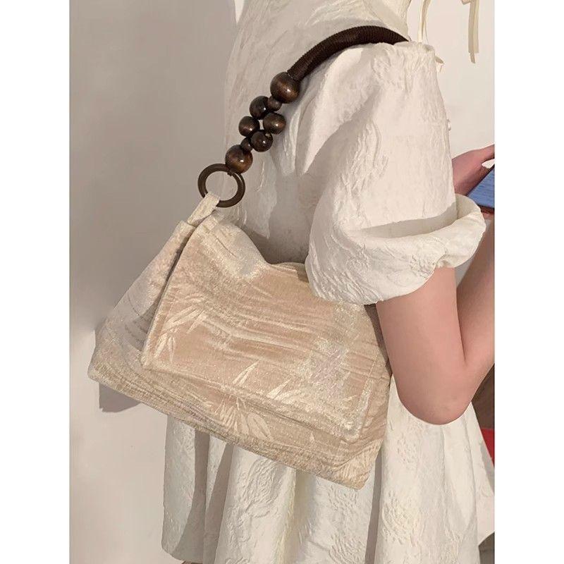 

Retro Velvet Beige Handbag Women Beaded Handle Square Large Capacity Shoulder Bags Ladies Elegant Gentle Versatile Underarm Bag 29x21x10cm бежевый