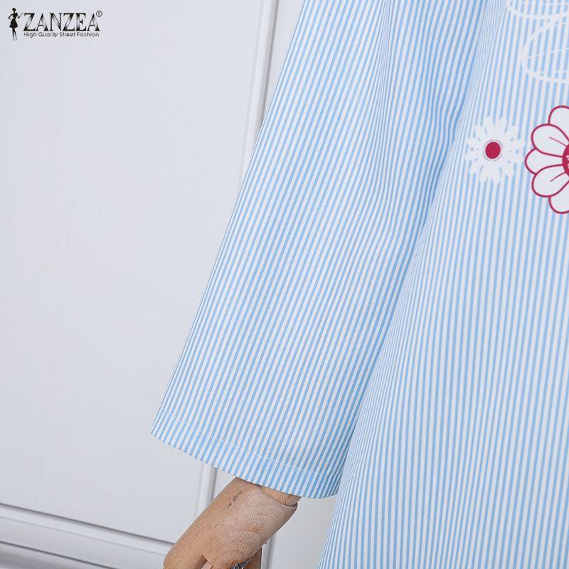 ZANZEA Women Floral Print Casual Turn Down Collar 3/4 Sleeve Stripe Shirt Dress