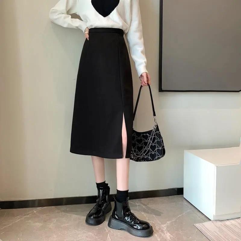 Women's Summer Plus Size High-Waisted Slit Academic Teacher Mid-Length A-Line Slimming Black Bodycon Casual All-match Versatile Skirt