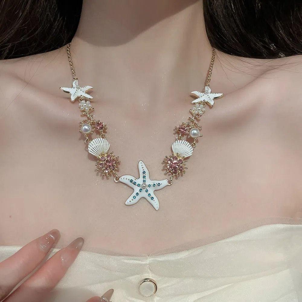 Zinc Zinc Alloy Rhinestone Pearl Shell Starfish Necklace Sea Series Starfish Beach Bracelet  Daily