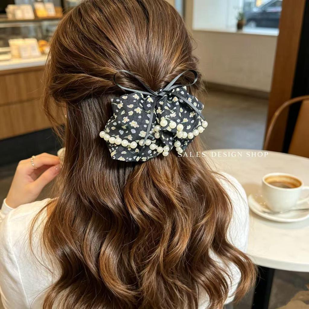 French Retro Floral Pearl Bow Chiffon Hair Clip