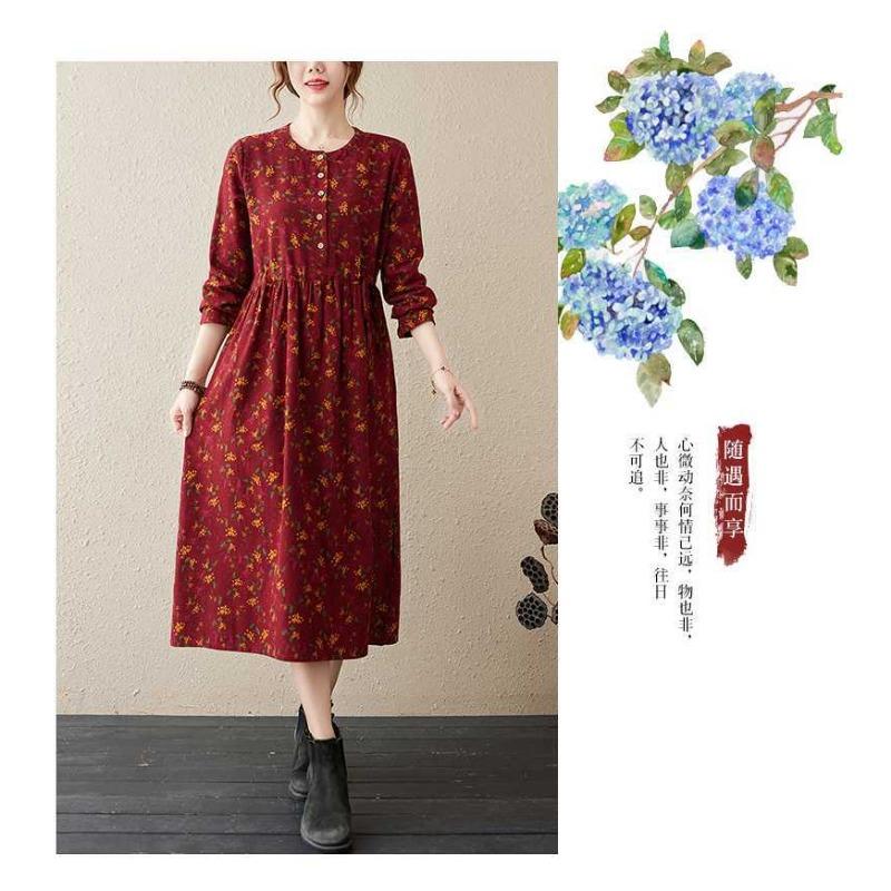 Neues bedrucktes Kleid im Ethno-Stil mit Rundhalsausschnitt und langen Ärmeln, locker