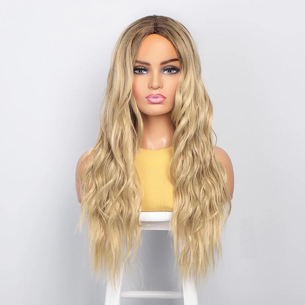 Women Synthetic Blond Brown Wigs Long Curly Wavy Wigs with Dark Roots Daily Cosplay Natural Fake Hair Heat Resistant Fiber