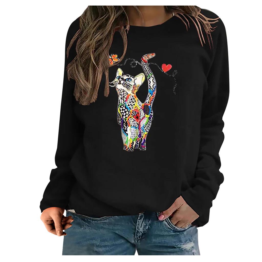 Women's Hooded Cat Print Sweatshirt Long Sleeve Top Women