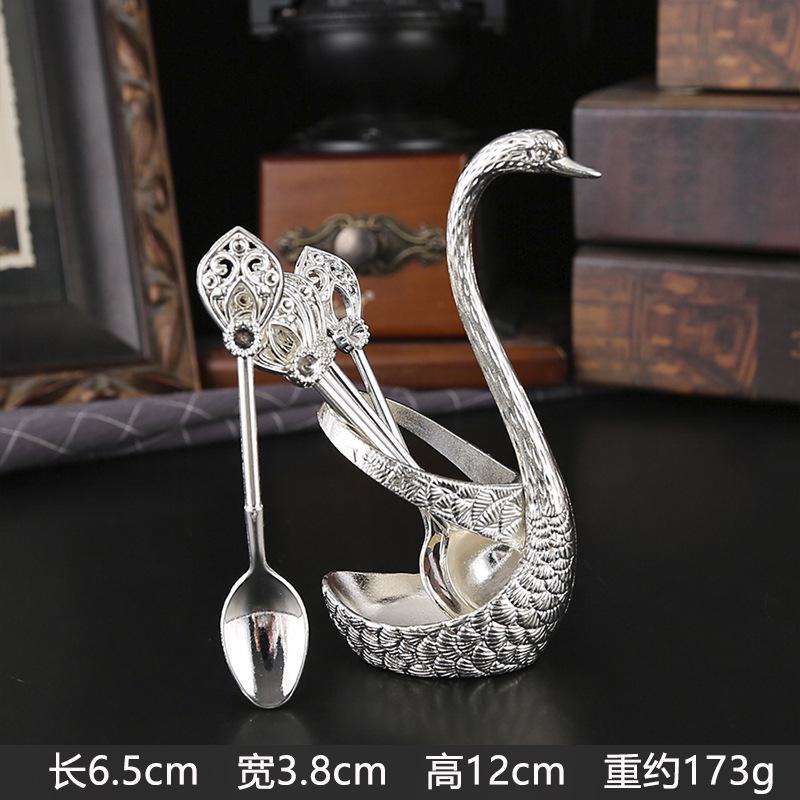 Vintage Swan Holder 6Pcs Dessert Coffee Spoon Set European Style Metal Cutlery Gold Silver Small Tea Spoon Home Table Decor Gift
