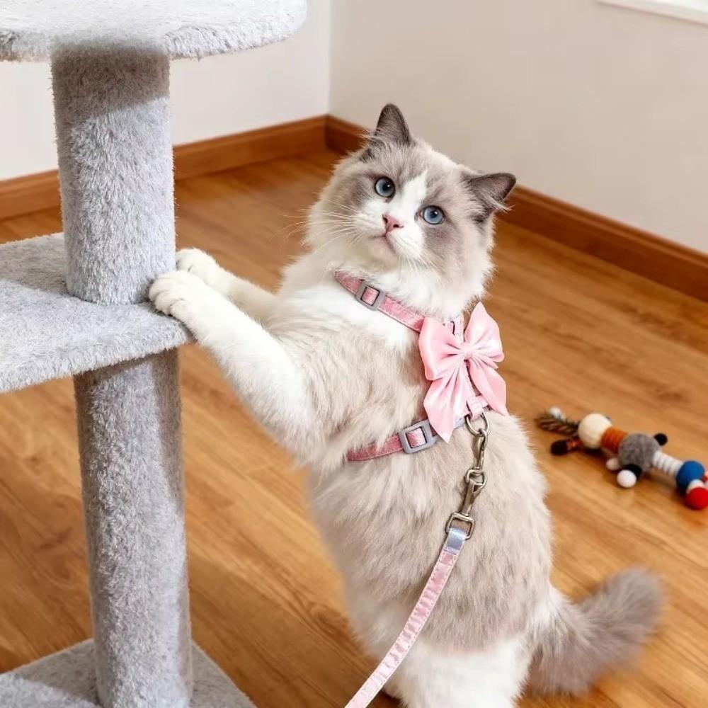 Cute Adjustable Bowknot Cat Harness Leash Escape Proof Shiny Bowknot Cat Leash Traction Rope Pet Decoration
