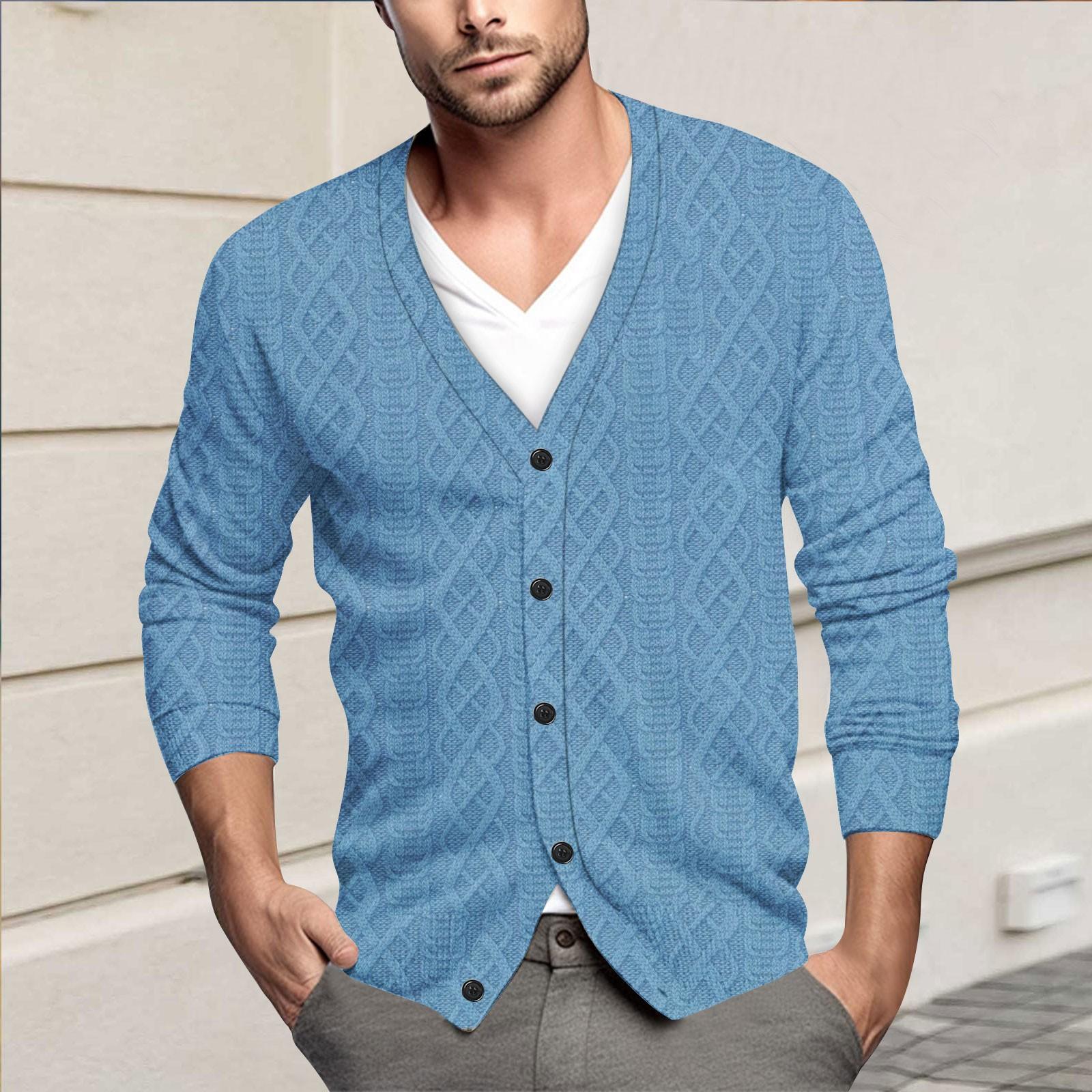 Мужская повседневная однобортная модная куртка-кардиган с длинными рукавами на пуговицах L синий 2368₽