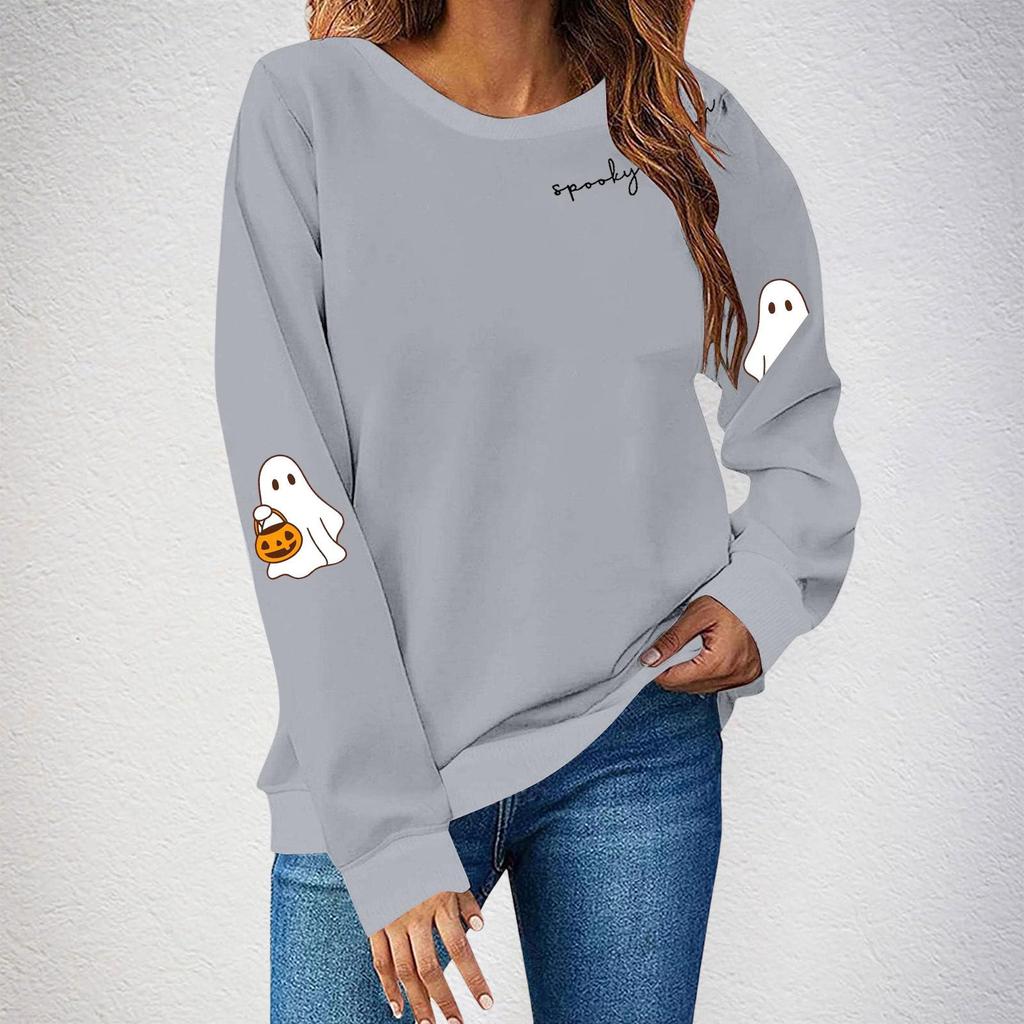 Women's Halloween Ghost Print Fleece Lined Crew Neck Sweatshirt, European Sizes S-3XL - Long Sleeve Casual Sportswear