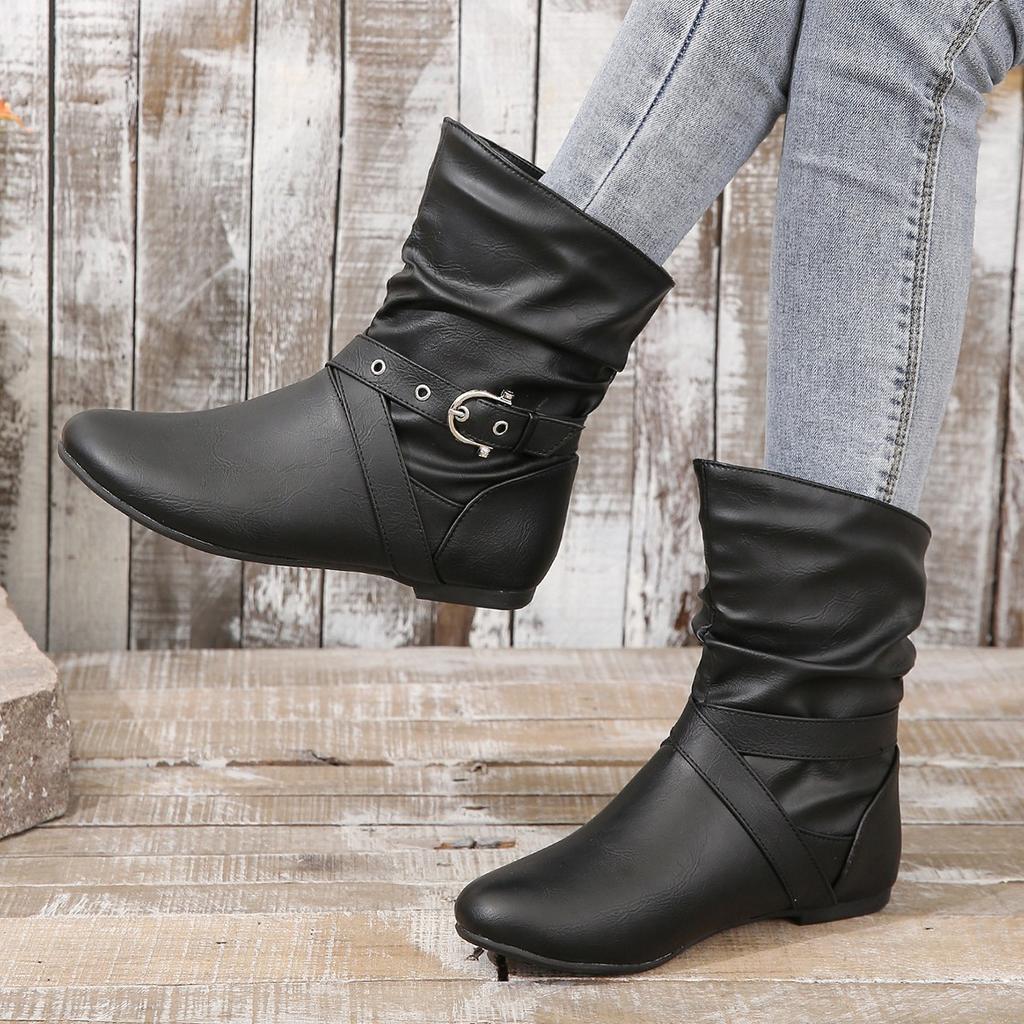 Large size fashion Chelsea big buckle side zipper single boots new solid color flat bottom fashion boots