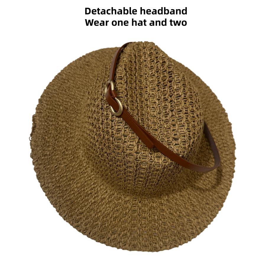 Breathable Hollow-Out Woven Straw Hat Wide Brim Fedora with Vintage Belt Buckle Sun Protection for Beach Vacation Summer