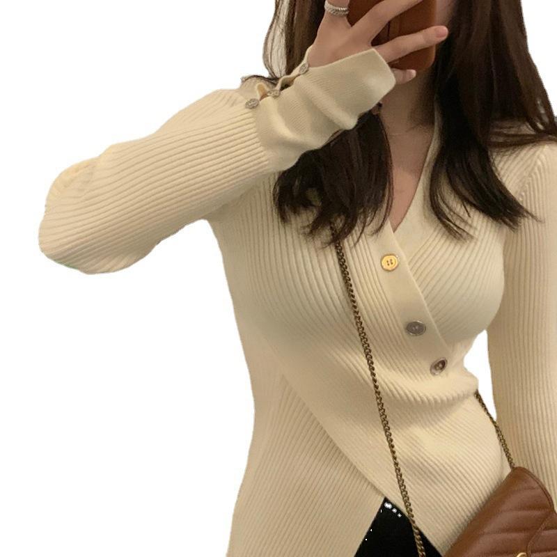 Printemps et automne pull femme bas pull décontracté Unique intérieur croix col en v fosse rayure bas tricot pull